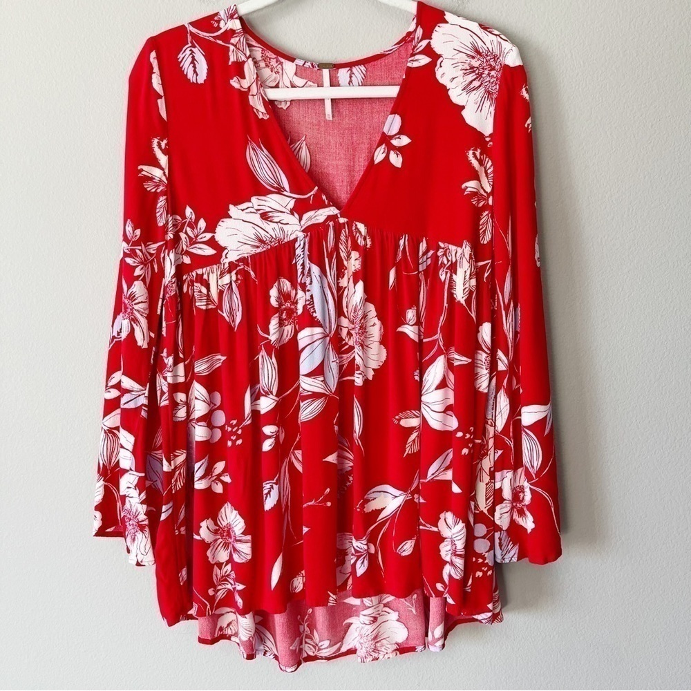 Free People Bella Floral Print V-Neck Tunic Dress Red Boho Size XS - Picture 6 of 13